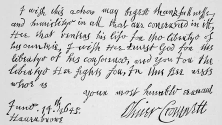 Facsímil de una parte de la carta escrita por Cromwell a Lenthall, Presidente de la Cámara de los Comunes, anunciando la victoria de Naseby