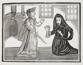 La bella Rosamond siendo envenenada por la reina Eleanor, ilustración de Chap-books del siglo XVIII de John Ashton, pub. 1882