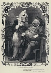 Falstaff y Dame Quickly, Merry Wives of Windsor, Acto ii, Escena 2 (grabado)