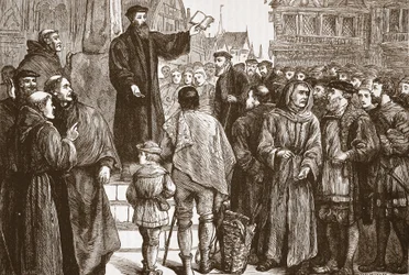 Farel predicando en la plaza del mercado de Neuchatel, ilustración de La Historia del Protestantismo de James Aitken Wylie, pub. 1878