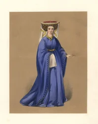 La moda durante los reinados de Enrique IV y V, ilustración de "Costumes of British Ladies from the Time of William the First to the Reign of Queen Victoria" (Trajes de las damas británicas desde la época de Guillermo I hasta el reinado de la reina Victori
