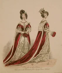 Lámina de moda que representa a mujeres de la nobleza con vestiduras de coronación