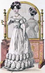 Placa de moda de una dama en vestido de noche, anuncio de 