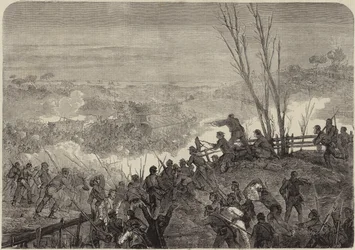 Tropas federales atacando un convoy de suministros confederados