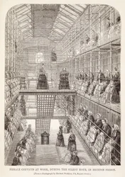 Mujeres Convictas Trabajando durante la Hora Silenciosa en la Prisión de Brixton, de Las Prisiones Criminales de Londres y Escenas de la Vida en Prisión por Henry Mayhew y John Binny, 1860