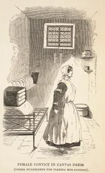 Convicta en vestido de lona (bajo castigo por rasgar su ropa), ilustración de Las prisiones criminales de Londres y escenas de la vida en prisión de Henry Mayhew y John Binny, pub. 1862