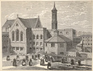 Convictas ejercitándose en el patio de recreo de la prisión de Brixton, ilustración de Las prisiones criminales de Londres y escenas de la vida en prisión de Henry Mayhew y John Binny, pub. 1862