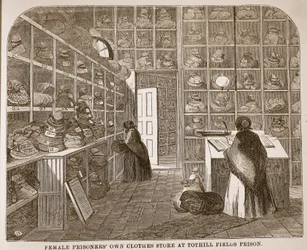 Tienda de ropa propia de prisioneras en la prisión de Tothill Fields, ilustración de Las prisiones criminales de Londres y escenas de la vida en prisión de Henry Mayhew y John Binny, pub. 1862