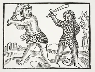 Ferragus levanta un poderoso ejército y sitia la ciudad de Aquitania, ilustración de Chap-books del Siglo XVIII de John Ashton, pub. 1882
