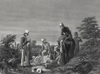 Encontrando los colores del 24º Regimiento después de la batalla de Chillianwallah, c.1850 (grabado)