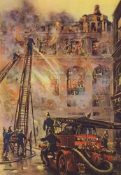 Bomberos combatiendo un incendio en un gran hotel (litografia en color)