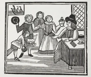 Fitzwarren recibiendo las aventuras de sus sirvientes, ilustración de Chap-books del siglo XVIII de John Ashton, pub. 1882
