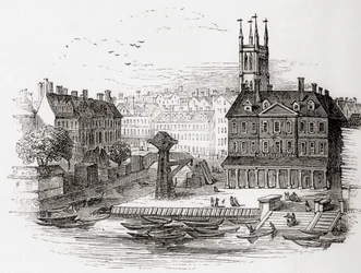 Fleet Ditch, Londres, Inglaterra en 1749 en el punto en el que desemboca en el Támesis en Bridewell, de Old England: A Pictorial Museum, pub. 1847