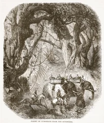 Huida de los europeos de los amotinados, ilustración de la Historia Ilustrada de Inglaterra de Cassell