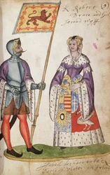 Fol.9 Robert the Bruce y su segunda esposa, Elizabeth de Burgh, del Seton Armorial, 1591