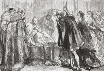 Francisco I en su lecho de muerte, ilustración de La Historia del Protestantismo de James Aitken Wylie, pub. 1878