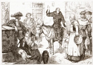 Francisco Lambert predicando, ilustración de La Historia del Protestantismo de James Aitken Wylie, pub. 1878