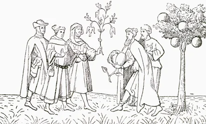Fraile Oderic de Pordenone sosteniendo una rama de un árbol en el que crecen pájaros, mostrado a su vez por el rey local, el Árbol de Cordero de Tartaria, mostrando un cordero emergiendo, ilustración de The Strand Magazine