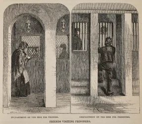 Amigos visitando prisioneros, ilustración de Las prisiones criminales de Londres y escenas de la vida en prisión de Henry Mayhew y John Binny, pub. 1862