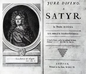 Frontispicio y página de título de Jure Divino: A Satyr por Daniel Defoe, publicado en 1706