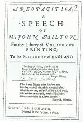 Frontispicio de Areopagitica, un discurso de John Milton, publicado en 1644