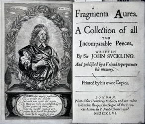 Frontispicio de Fragmenta Aurea, una colección de todas las piezas incomparables escritas por Sir John Suckling, publicada en 1646