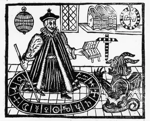 Frontispicio de La Trágica Historia de la Vida y Muerte del Doctor Fausto, por Christopher Marklin, c.1616
