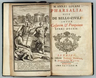 Frontispicio de Pharsalia o La guerra civil entre César y Pompeyo por Marcus Annaeus Lucan, grabado por J. Cole, 1719
