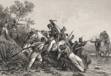 Oficiales británicos fugitivos y sus familias atacados por amotinados, de "The History of the Indian Mutiny", publicado en 1858 (grabado).