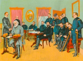 El General Lee firmando los términos de paz redactados por el General Grant