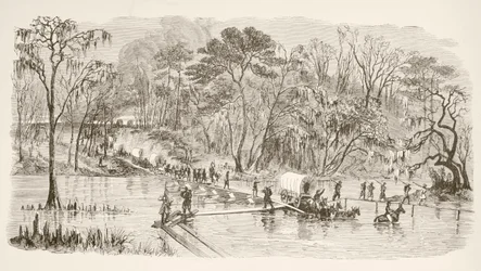 Tropas del General Sherman cruzando el río Edisto durante la Marcha al Mar (litografía)