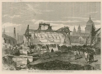 Vista general de las obras para el puente ferroviario de London, Chatham y Dover en Blackfriars