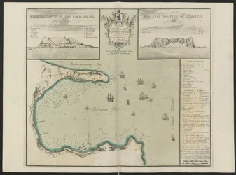 Bahía de Gibraltar (Perspectiva oeste y este de G. Hill.) Por C. Price, c.1730 (litografia en color)