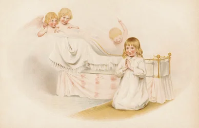 Chica rezando junto a su cama (chromolitho)