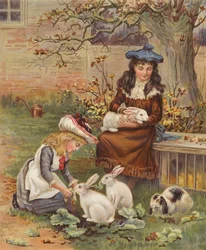 Niñas cuidando de sus conejos (cromolito)