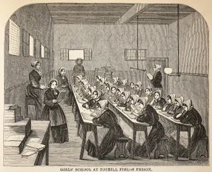 Escuela de niñas en la prisión de Tothill Fields, ilustración de Las prisiones criminales de Londres y escenas de la vida en prisión de Henry Mayhew y John Binny, pub. 1862