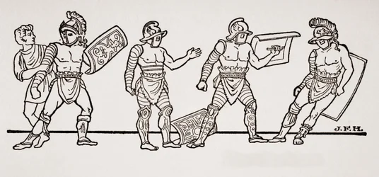 Gladiadores, de una pintura mural en Pompeya, ilustración de The Outline of History de H.G. Wells, Volumen I, publicado en 1820