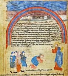 Dios y Noé establecen la alianza, Antiguo Hexateuco inglés, Algodón Claudio B IV f.16v (vitela)