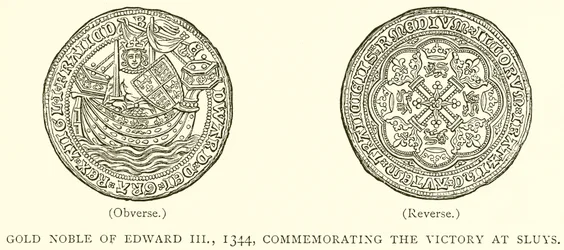 Noble de oro de Eduardo III, 1344, conmemorando la victoria en Sluys