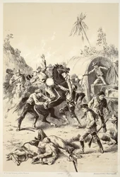 Escolta de oro atacada por Bush Rangers, de La Historia de Australasia por David Blair, McGrady, Thomson y Niven, 1879