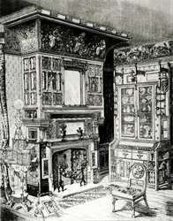 Gabinete gótico y una chimenea altamente decorada de parte de una habitación ambientada por Cox & Sons para Filadelfia