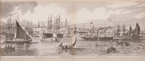 Gran Panorama de Londres, desde el río Támesis mirando hacia Shadwell, East India Docks y Limehouse, 1849
