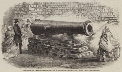 El gran cañón de bronce tomado de los chinos, recién colocado en la Terraza Norte, Castillo de Windsor