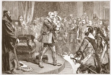 Gustavo Adolfo despidiéndose de los Estados, ilustración de La Historia del Protestantismo de James Aitken Wylie (1808-1890), pub. 1878
