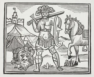 Guy habiendo matado a Armarant, ilustración de Chap-books del Siglo XVIII de John Ashton, pub. 1882
