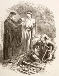 Hamlet sostiene el cráneo de Yorick, ilustración del Acto V, Escena I en Hamlet, de 