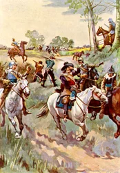 Hampden herido de muerte en Chalgrove Field (litografía en color)