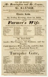 Folleto publicitario de una actuación única de Mr. Rayner en "La esposa del granjero" y "Turnpike Gate" en el Teatro, Leeds