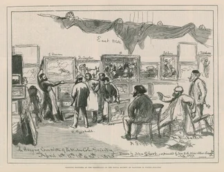 Colgando cuadros en la exposición de la Real Sociedad de Pintores en Acuarela