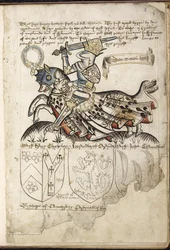Harley 2169 f. 3 Enrique VI a caballo, escudos de armas en la época de Enrique VI (vitela)